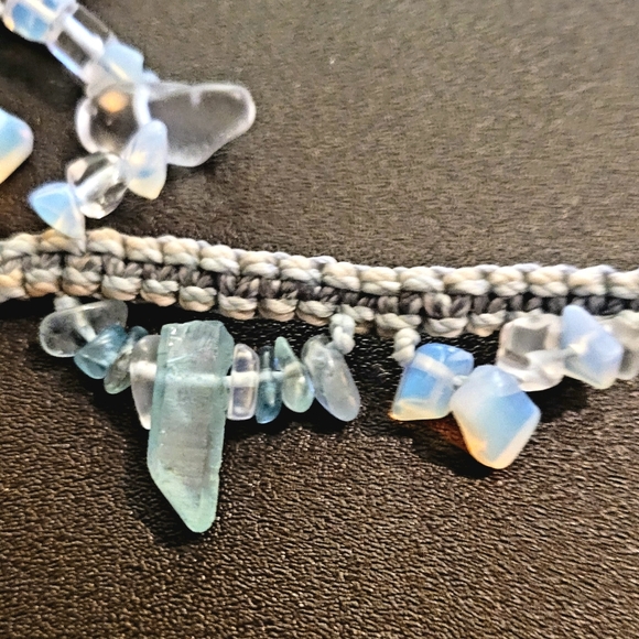 Macrame Aqua marine, Touramalated Moon stone, Apatite, & Blue Quartz neckalace. - Picture 4 of 8